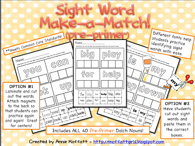 In this packet, Sight Word Make-a-Match, students will work on reading and recognizing the following Pre-Primer Dolch Sight Words!