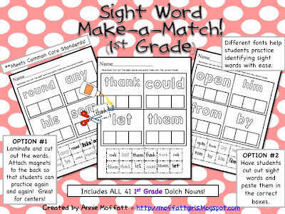 In this packet, Sight Word Make-a-Match, students will work on reading and recognizing the following 1st Grade Dolch Sight Words!