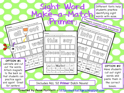 In this packet, Sight Word Make-a-Match, students will work on reading and recognizing the following Primer Dolch Sight Words!