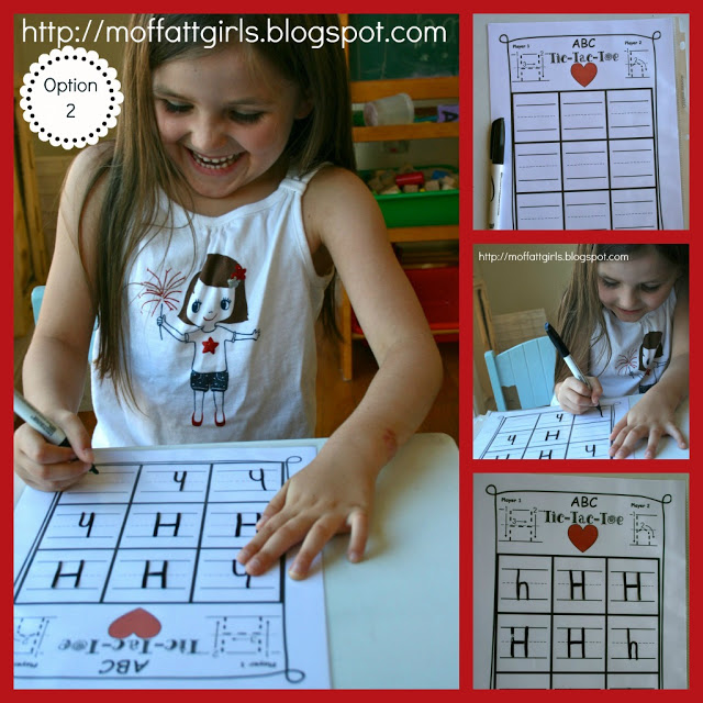 I just made a printable called ABC Tic-Tac-Toe that helps with handwriting, upper and lowercase letter identification and a bit of phonics.