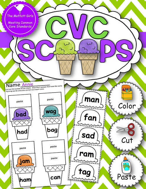 CVC Scoops are a super fun and hands-on way to practice 25 different simple CVC word families! Kids get to color, cut and paste the correct CVC rhyming ice-cream scoop onto the correct ice-cream cone! 