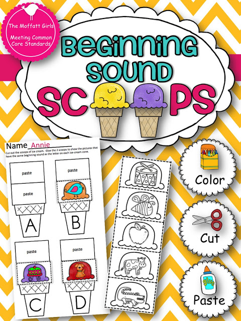 This is such a FUN way for kids to practice and reinforce beginning sounds! Each ice-cream scoop has a picture that has a beginning sound that matches a letter on the ice-cream cone. 
