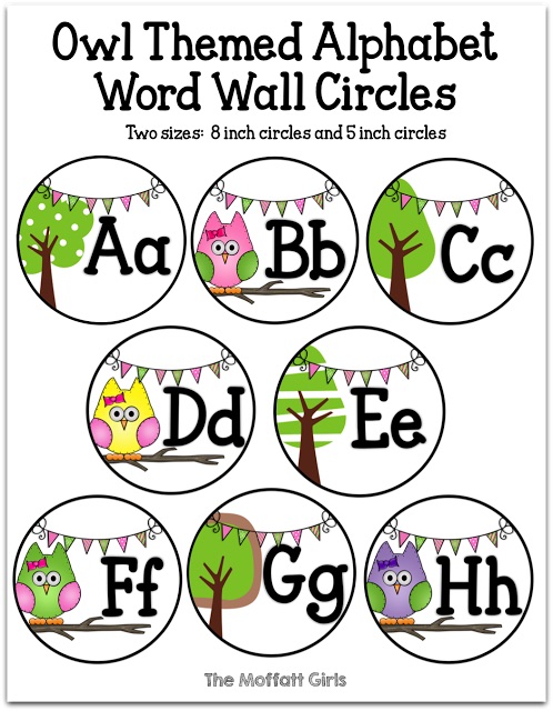 Owl Themes Alphabet Word Wall Circles!