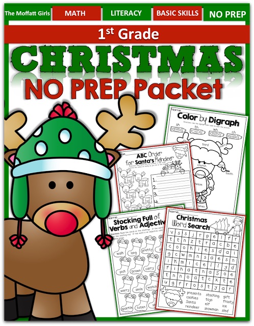 Teach addition, subtraction, sight words, phonics, grammar, handwriting and so much more with the December NO PREP Packet for First Grade!
