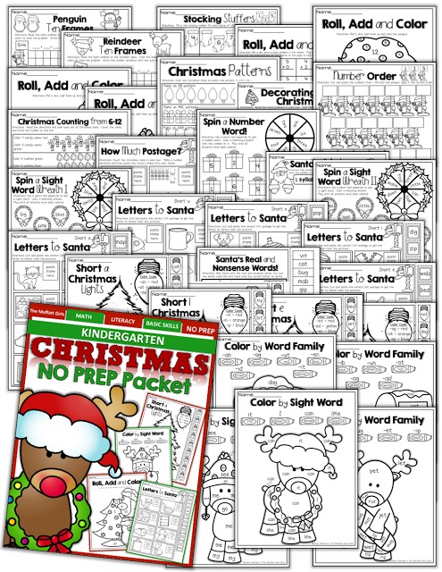 Teach basic addition, subtraction, sight words, phonics, letters, handwriting and so much more with the December NO PREP Packet for Kindergarten!
