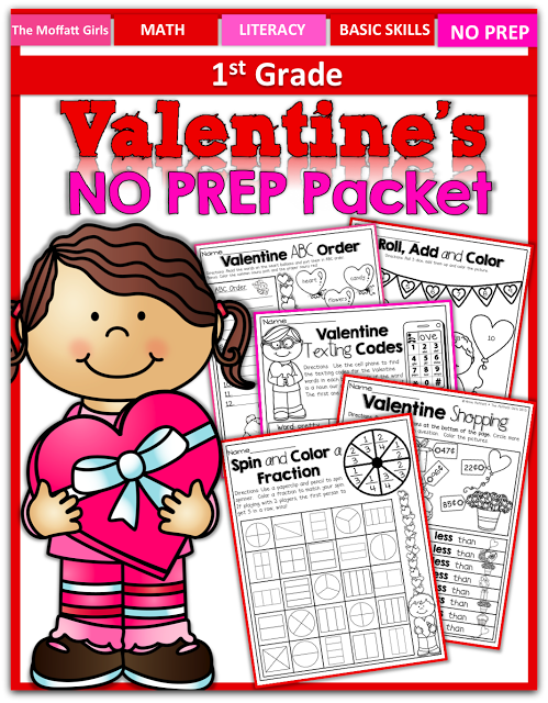 Teach addition, subtraction, sight words, phonics, grammar, handwriting and so much more with the Valentine's NO PREP Packet for First Grade!