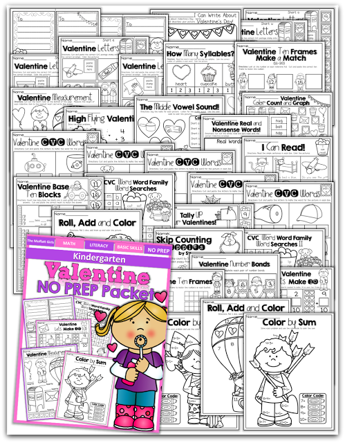 Teach basic addition, subtraction, sight words, phonics, letters, handwriting and so much more with the Valentine NO PREP Packet for Kindergarten!