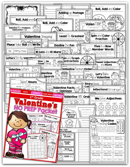 Teach addition, subtraction, sight words, phonics, grammar, handwriting and so much more with the Valentine's NO PREP Packet for First Grade!