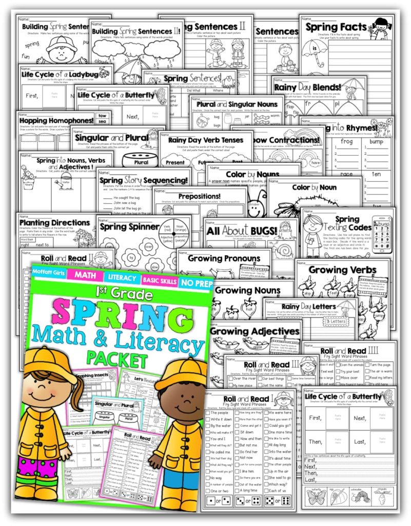 Teach addition, subtraction, sight words, phonics, grammar, handwriting and so much more with the Spring NO PREP Packet for First Grade!