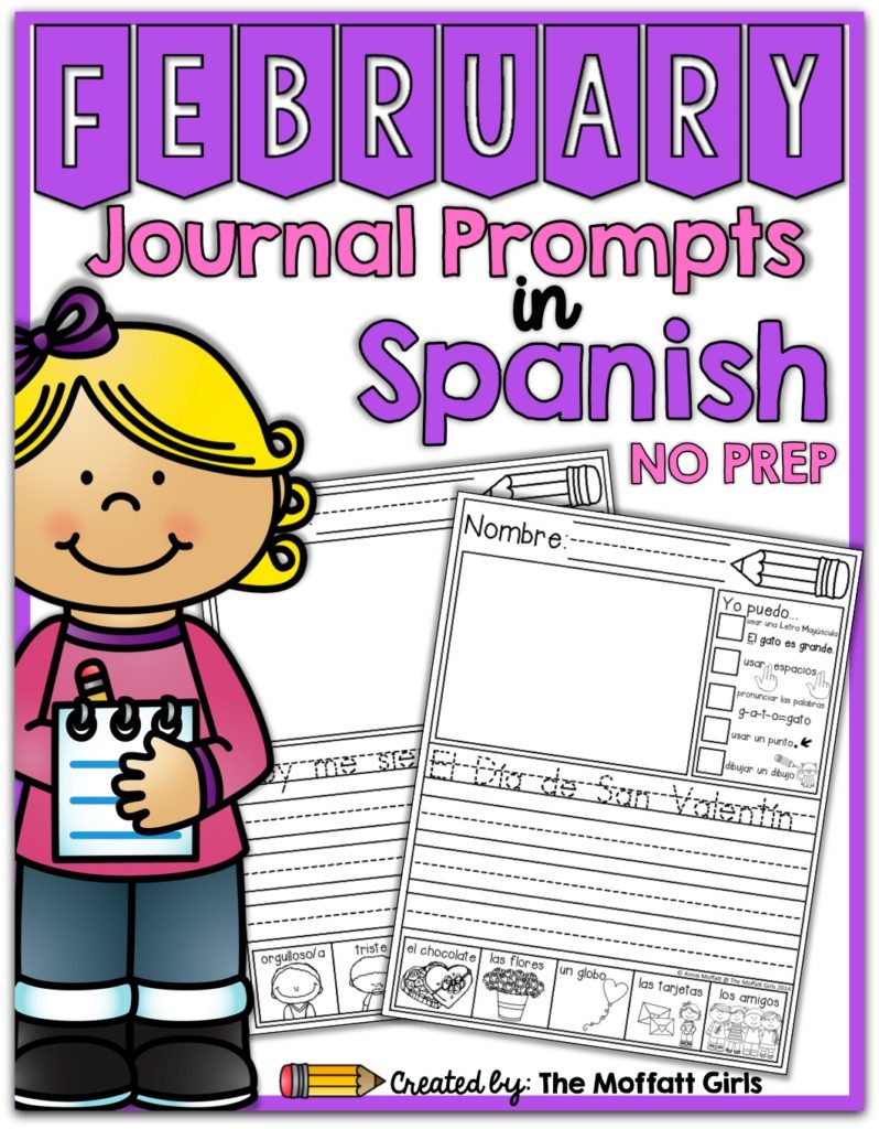 These February NO PREP 20 journal prompts include I Can statements to build writing skills and a picture dictionary to spark the imagination. Perfect for beginning writers in Spanish!