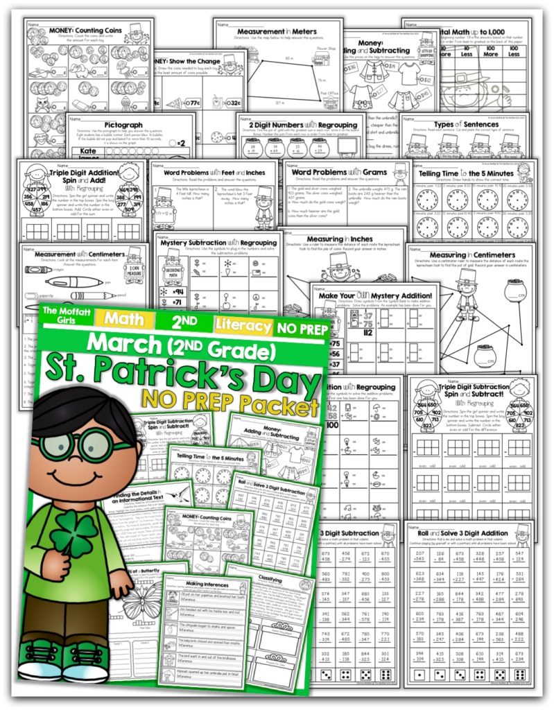 Teach basic math operations, sight words, phonics, grammar, handwriting and so much more with the March NO PREP Packet for Second Grade!