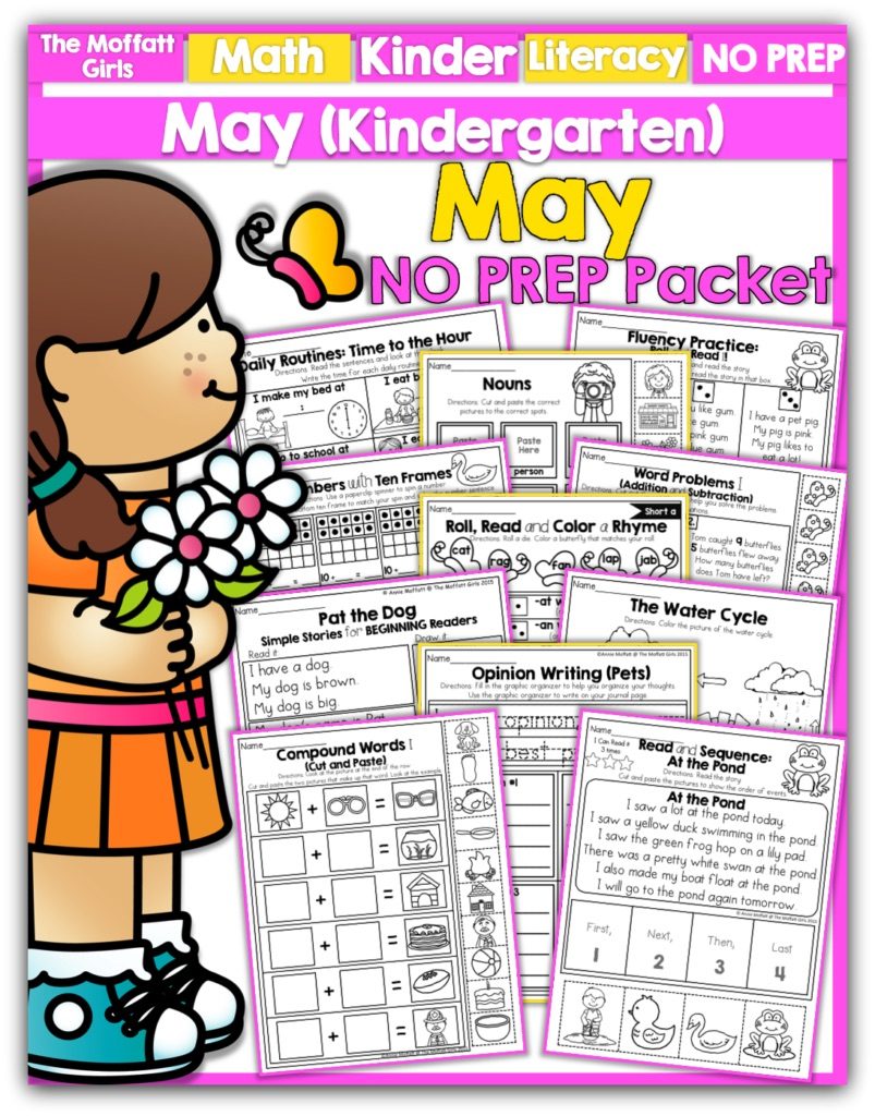 Teach basic addition, subtraction, sight words, phonics, letters, handwriting and so much more with the May NO PREP Packet for Kindergarten!