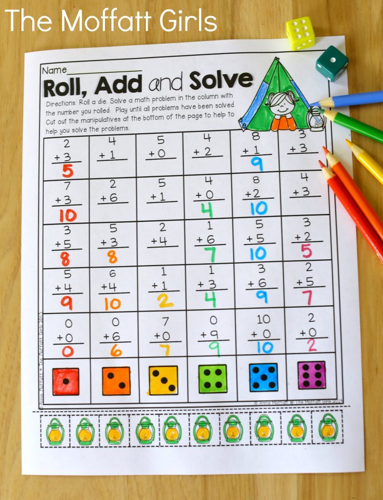 Roll, Add and Solve (addition up to 10)- Avoid the Summer Slide! Help your students stay on track during summer break with these FUN activities! Perfect for Kindergarten going into 1st Grade!