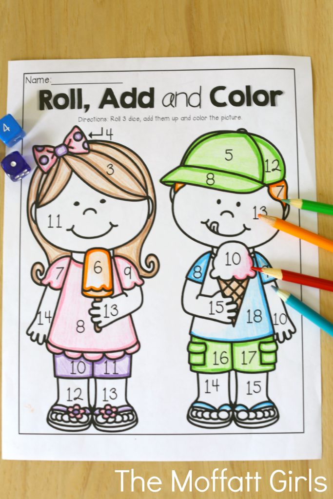Roll, Add and Color (addition up to 20)- Avoid the Summer Slide! Help your students stay on track during summer break with these FUN activities! Perfect for 1st Grade going into 2nd Grade!