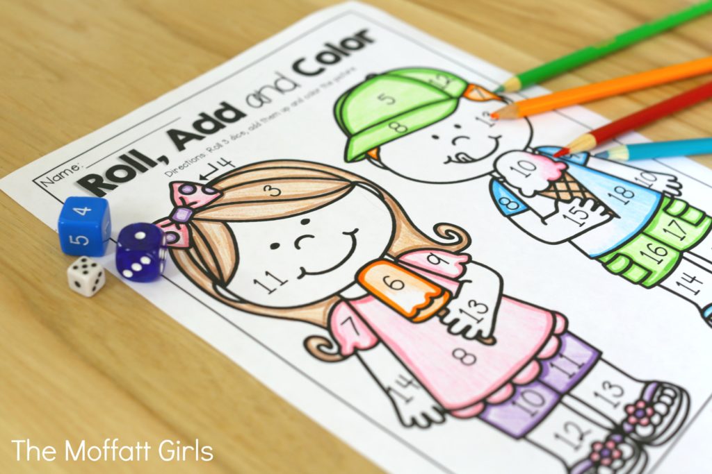 Roll, Add and Color (addition up to 20)- Avoid the Summer Slide! Help your students stay on track during summer break with these FUN activities! Perfect for 1st Grade going into 2nd Grade!