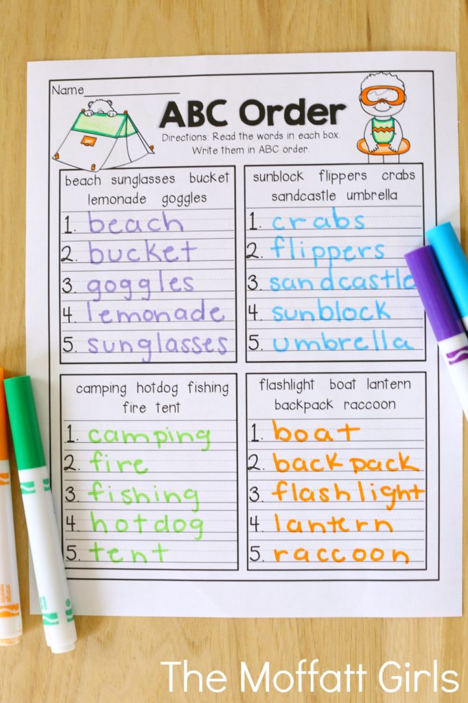 ABC Order (alphabetizing to the 1st and 2nd letters)- Avoid the Summer Slide! Help your students stay on track during summer break with these FUN activities! Perfect for 1st Grade going into 2nd Grade!