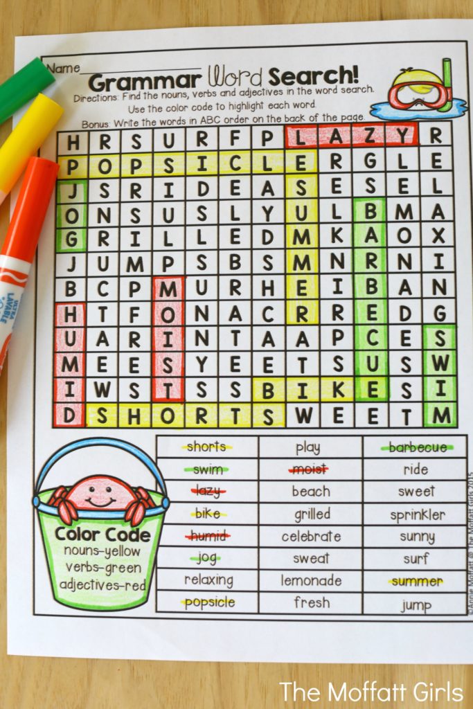 Grammar Word Search (color by parts of speech)- Avoid the Summer Slide! Help your students stay on track during summer break with these FUN activities! Perfect for 2nd Grade going into 3rd Grade!
