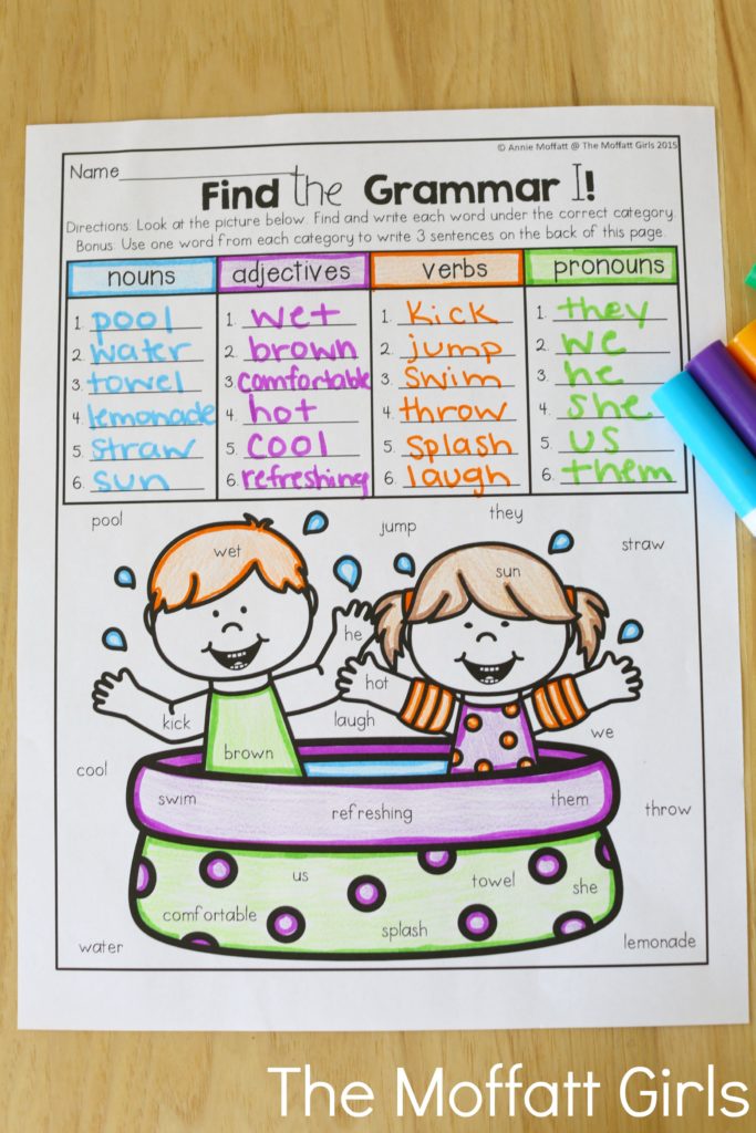 Find the Grammar (parts of speech)- Avoid the Summer Slide! Help your students stay on track during summer break with these FUN activities! Perfect for 2nd Grade going into 3rd Grade!