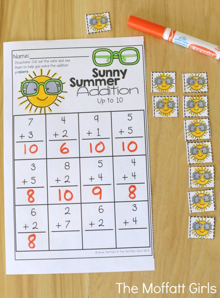 Sunny Summer Addition (up to 10)- Avoid the Summer Slide! Help your students stay on track during summer break with these FUN activities! Perfect for Kindergarten going into 1st Grade!
