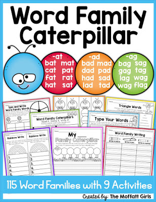 Word Family Caterpillar!! 115 Word Families with 9 different word work activities to help build fluency and develop spelling patterns!