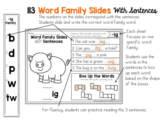 These Word Family Slides and Sentences are a GREAT way to work with 113 different word families to help with decoding, fluency and spelling for beginning and struggling readers!