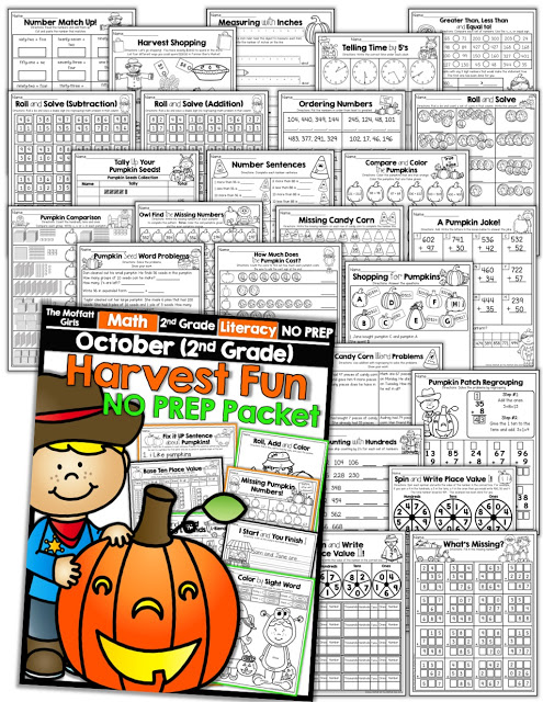Teach basic math operations, sight words, phonics, grammar, handwriting and so much more with the October NO PREP Packet for Second Grade!