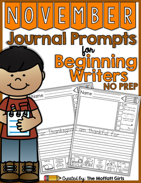 Journal Prompts for November- These 20 journal prompts include I Can statements to build writing skills and a picture dictionary to spark the imagination. Perfect for beginning writers.