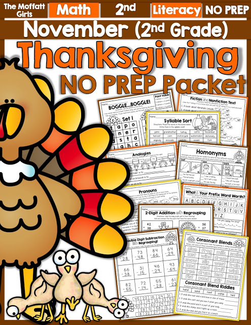 Teach basic math operations, sight words, phonics, grammar, handwriting and so much more with the November NO PREP Packet for Second Grade!