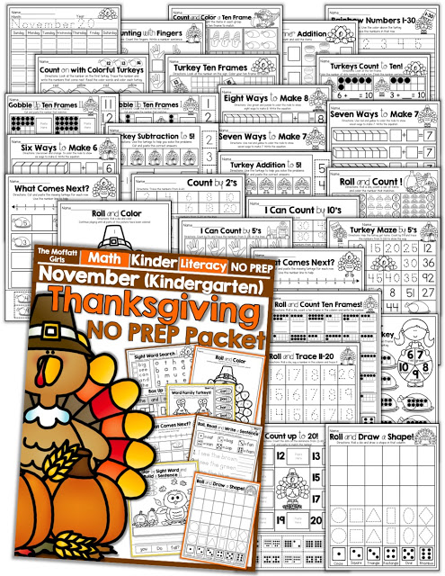 Teach basic addition, subtraction, sight words, phonics, letters, handwriting and so much more with the November NO PREP Packet for Kindergarten!