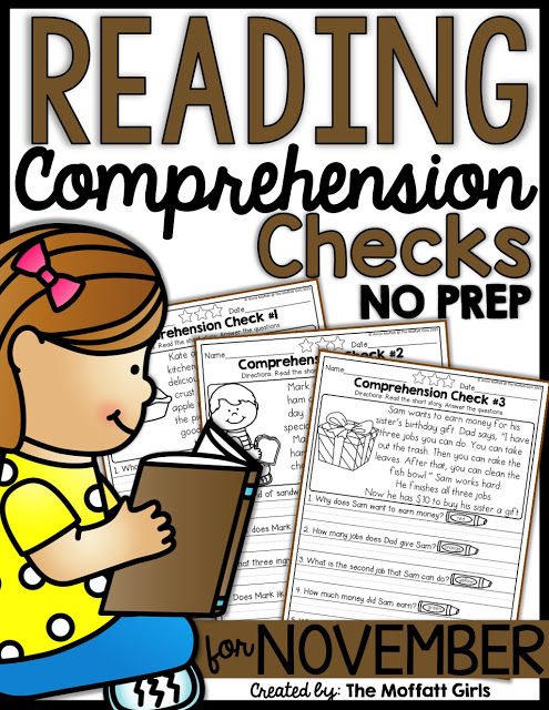 Reading Comprehension Checks for November- Build confidence in beginning and struggling readers with these short stories, while teaching students to find text evidence to support their answers.