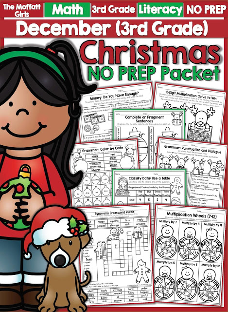 Teach multiplication, two and three-digit addition and subtraction, sight words, grammar, writing and so much more with the December NO PREP Packet for Third Grade!