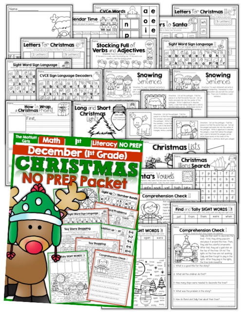 Teach addition, subtraction, sight words, phonics, grammar, handwriting and so much more with the December NO PREP Packet for First Grade!