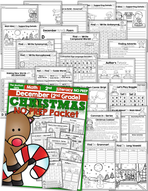 Teach basic math operations, sight words, phonics, grammar, handwriting and so much more with the December NO PREP Packet for Second Grade!
