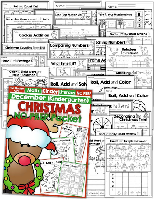 Teach basic addition, subtraction, sight words, phonics, letters, handwriting and so much more with the December NO PREP Packet for Kindergarten!