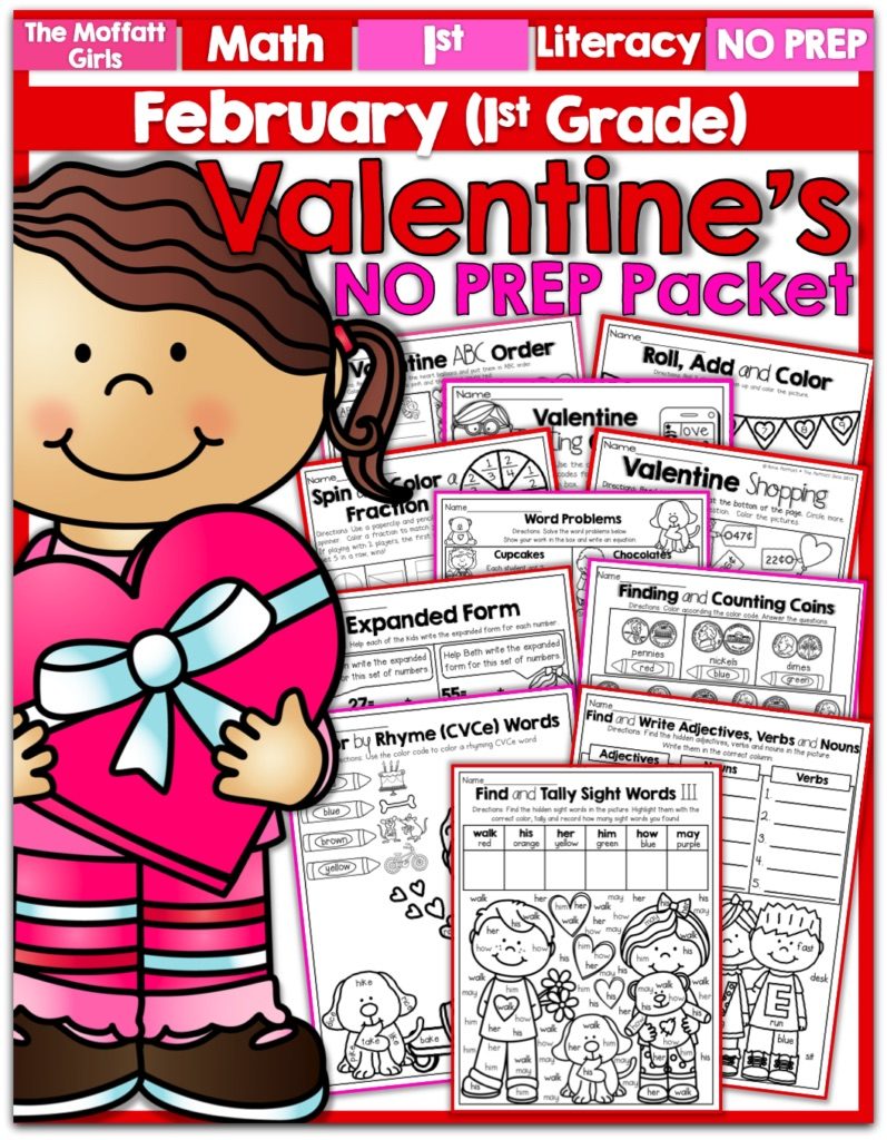 Teach addition, subtraction, sight words, phonics, grammar, handwriting and so much more with the February NO PREP Packet for First Grade!