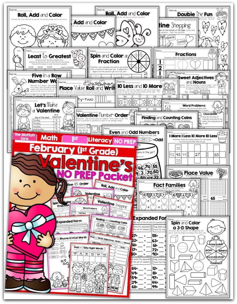 Teach addition, subtraction, sight words, phonics, grammar, handwriting and so much more with the February NO PREP Packet for First Grade!