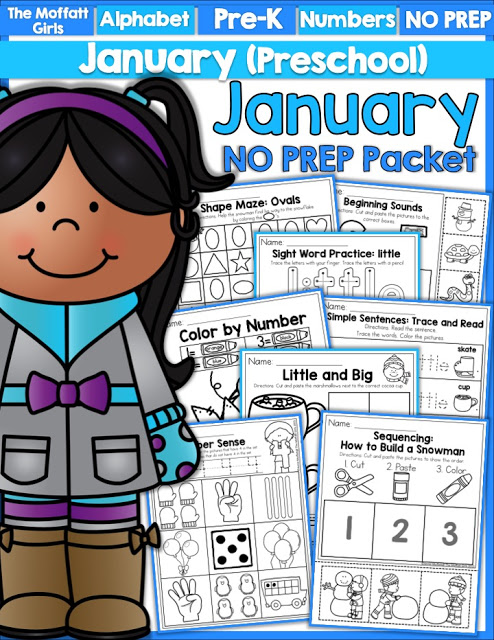 Teach number concepts, colors, shapes, letters, phonics and so much more with the January NO PREP Packet for Preschool!