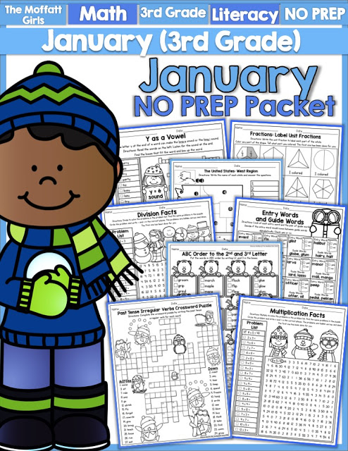 Teach multiplication, two and three-digit addition and subtraction, sight words, grammar, writing and so much more with the January NO PREP Packet for Third Grade!