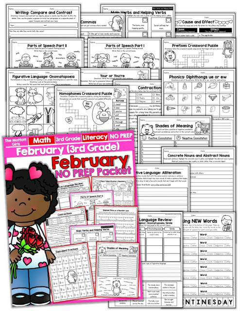 Teach multiplication, two and three-digit addition and subtraction, sight words, grammar, writing and so much more with the December NO PREP Packet for Third Grade!