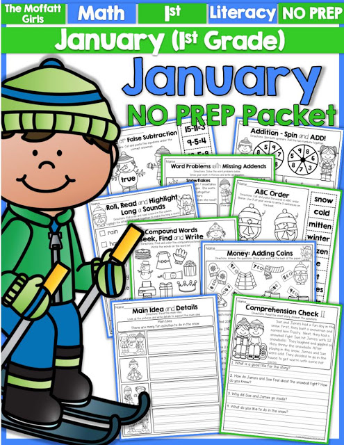 Teach addition, subtraction, sight words, phonics, grammar, handwriting and so much more with the January NO PREP Packet for First Grade!