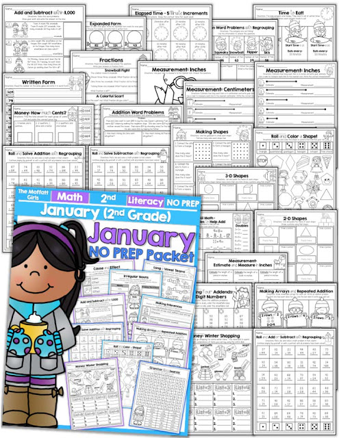 Teach basic math operations, sight words, phonics, grammar, handwriting and so much more with the January NO PREP Packet for Second Grade!