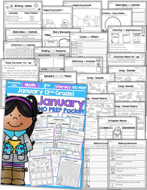 Teach basic math operations, sight words, phonics, grammar, handwriting and so much more with the January NO PREP Packet for Second Grade!