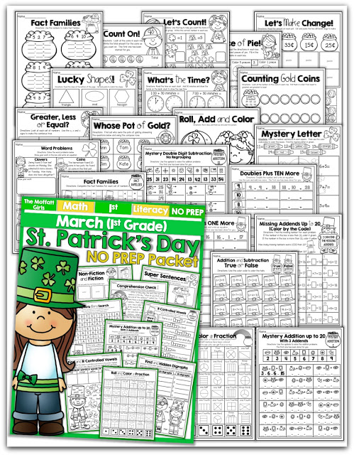 Teach addition, subtraction, sight words, phonics, grammar, handwriting and so much more with the March NO PREP Packet for First Grade!