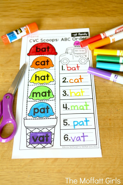 CVC Fluency: CVC Scoops ABC Order- Cut and paste the CVC word in alphabetical order. Fun for beginning readers!