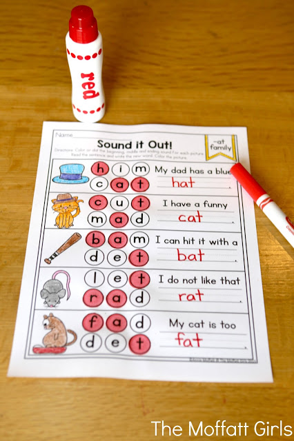Sound it Out- Perfect activity for beginning or struggling readers! Identify the picture, sound out the phonemes to dot the letters, and write the word to complete the simple sentence.