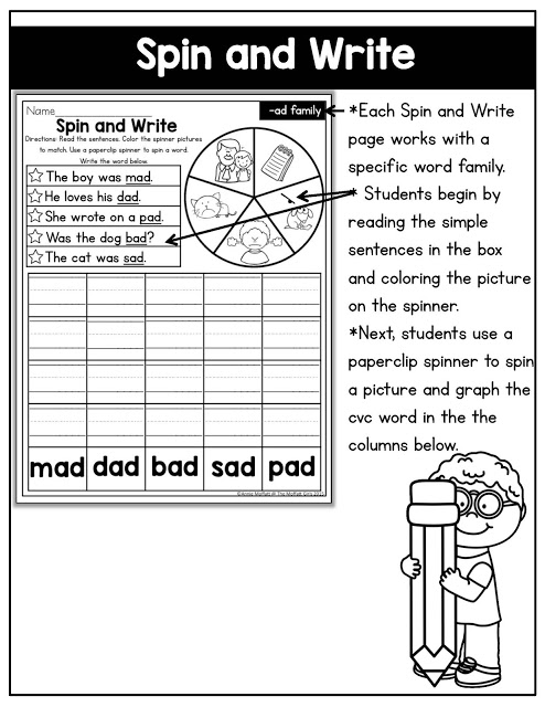 CVC Fluency: Spin and Write- Read the simple sentences, spin the spinner and write the word that matches. Such a fun reading game for beginning readers!