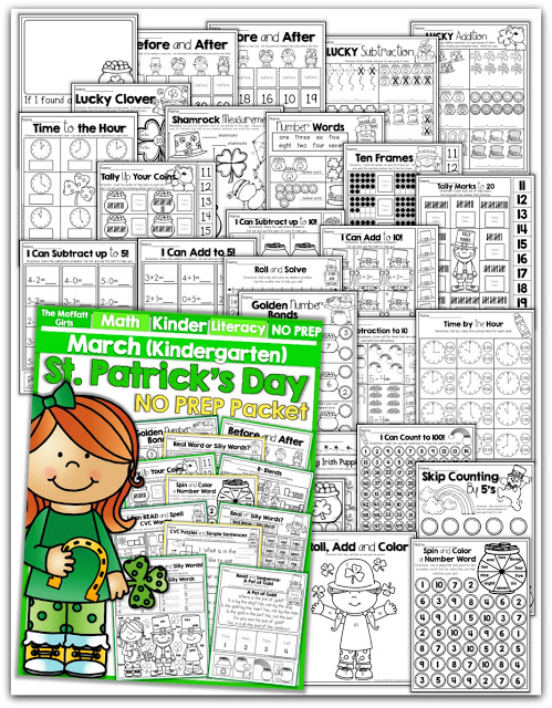 Teach basic addition, subtraction, sight words, phonics, letters, handwriting and so much more with the March NO PREP Packet for Kindergarten!