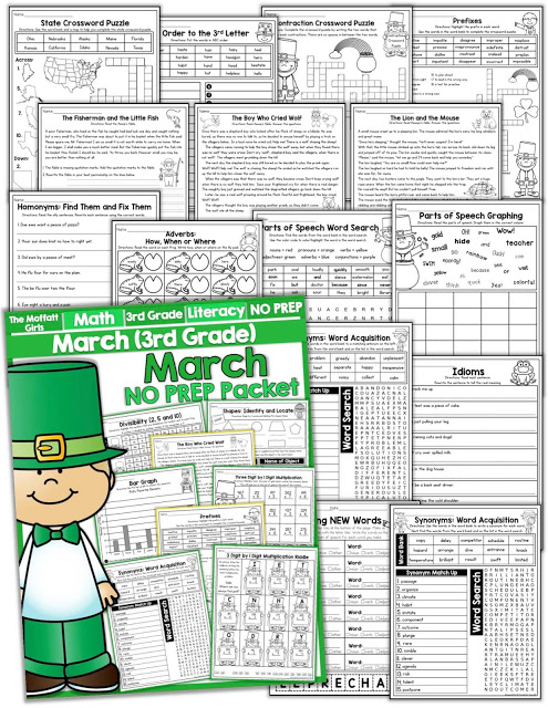 Teach multiplication, two and three-digit addition and subtraction, sight words, grammar, writing and so much more with the March NO PREP Packet for Third Grade!
