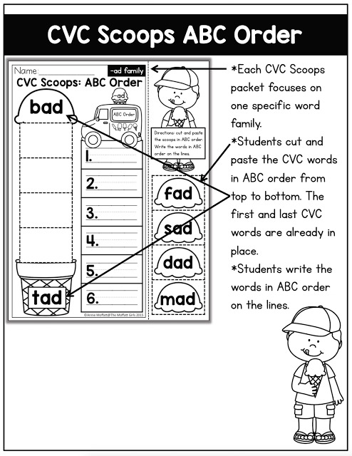 CVC Fluency: CVC Scoops ABC Order- Cut and paste the CVC word in alphabetical order. Fun for beginning readers!
