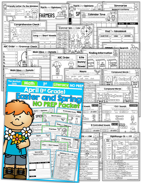 Teach addition, subtraction, sight words, phonics, grammar, handwriting and so much more with the April NO PREP Packet for First Grade!